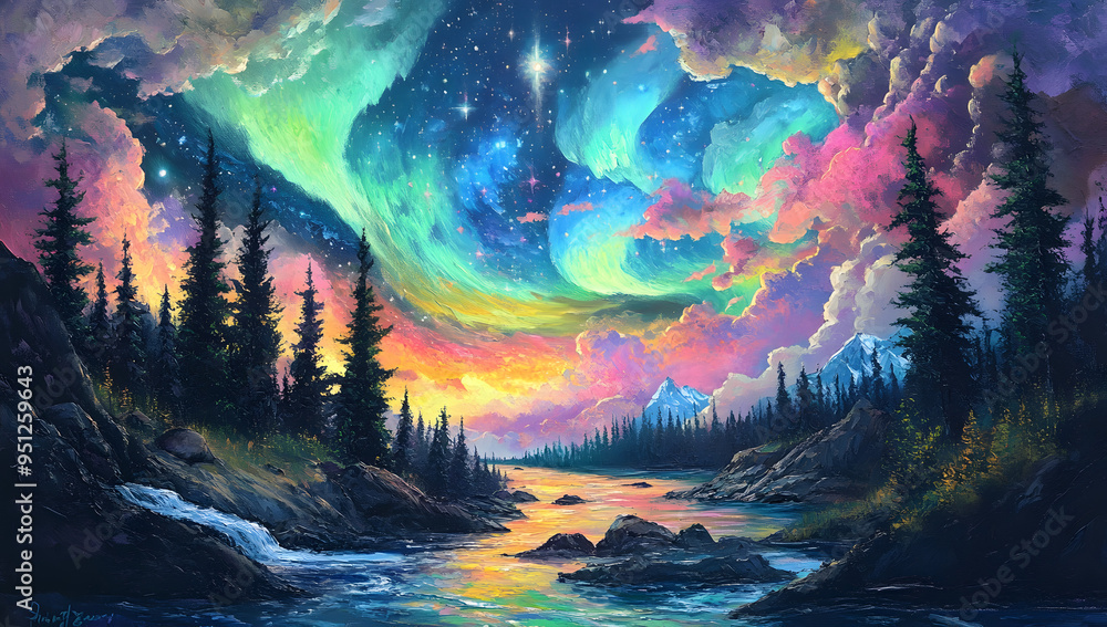 Airbrush Art Style Aurora Borealis Illuminating a Winter Landscape
Airbrush Art Style Aurora Borealis Illuminating a Winter Landscape