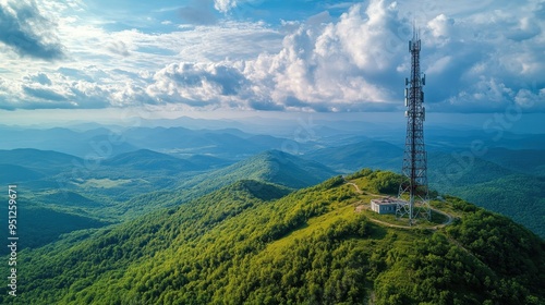 Aerial View of a Cell Tower on a Forested Mountain
