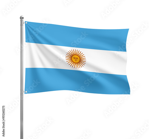 Argentina flag waving in the wind on a silver pole, isolated on transparent background
