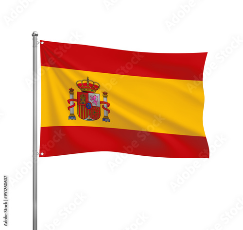Spain National flag waving in the wind on a silver pole, isolated on transparent background