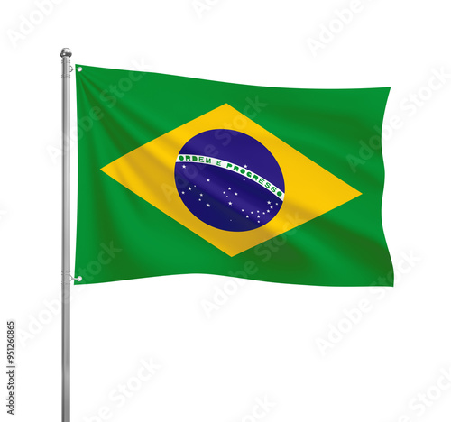 Brazil flag waving in the wind on a silver pole, isolated on transparent background