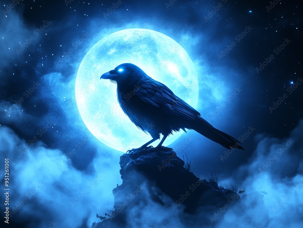 Fototapeta premium A futuristic Halloween night with a holographic raven, its shadow flickering against a glowing full moon, surrounded by eerie digital fog