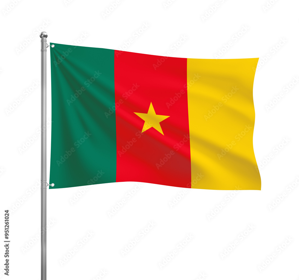 Cameroon flag waving in the wind on a silver pole, isolated on transparent background Cameroon flag waving in the wind on a silver pole, isolated on transparent background