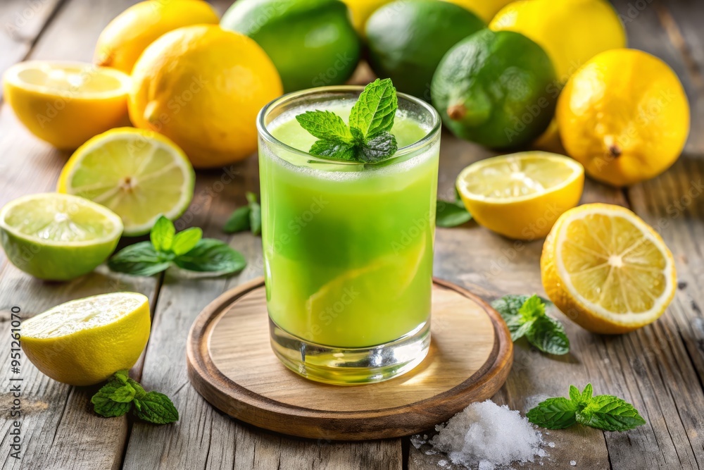 Fototapeta premium uplifting style: modern technical: blend of lime and lemon juice colors: vibrant yellow and green concept: revitalizing drink mix