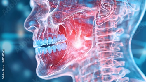 Anatomical illustration highlighting the human jaw and neck, showcasing muscles, bones, and nerve pathways in vibrant colors. photo