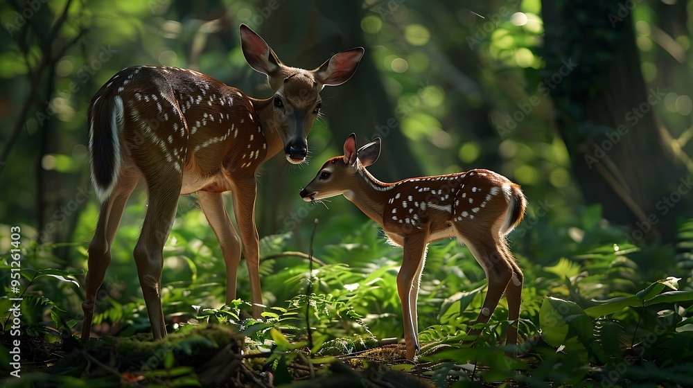 A newborn fawn in a peaceful lush forest setting standing close to an adult deer A newborn fawn in a peaceful lush forest setting standing close to an adult deer