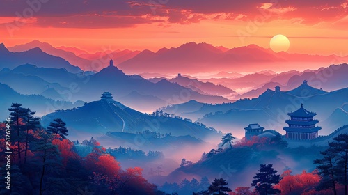 Great Wall of China travel destination vibrant landscape with mountains pagodas and sunrise