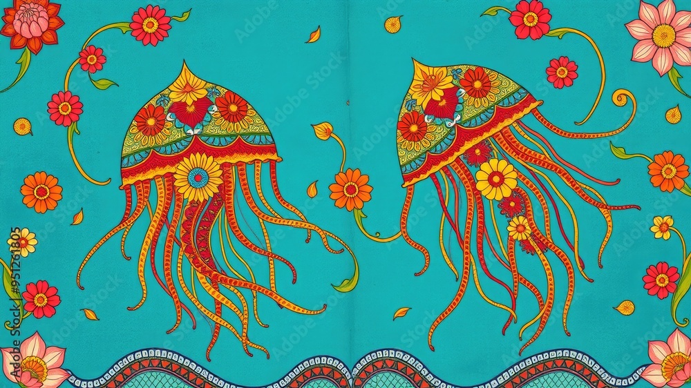 Obraz premium Pattern with jellyfish, Abstract painting, jellyfish pattern, flower ornament pattern.seamless pattern with jellyfish and flowers, traditional Thai-style painting