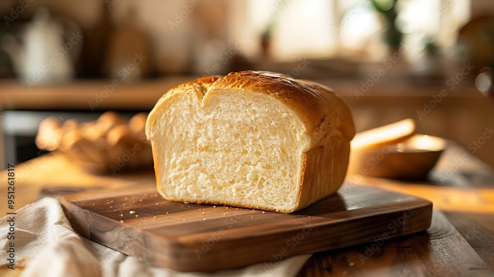 A newly cooked slice of golden bread in a warm kitchen presented on a wooden platter A newly cooked slice of golden bread in a warm kitchen presented on a wooden platter