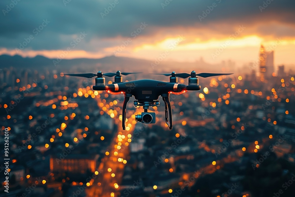 Drone Flying Over Cityscape at Dusk Drone Flying Over Cityscape at Dusk