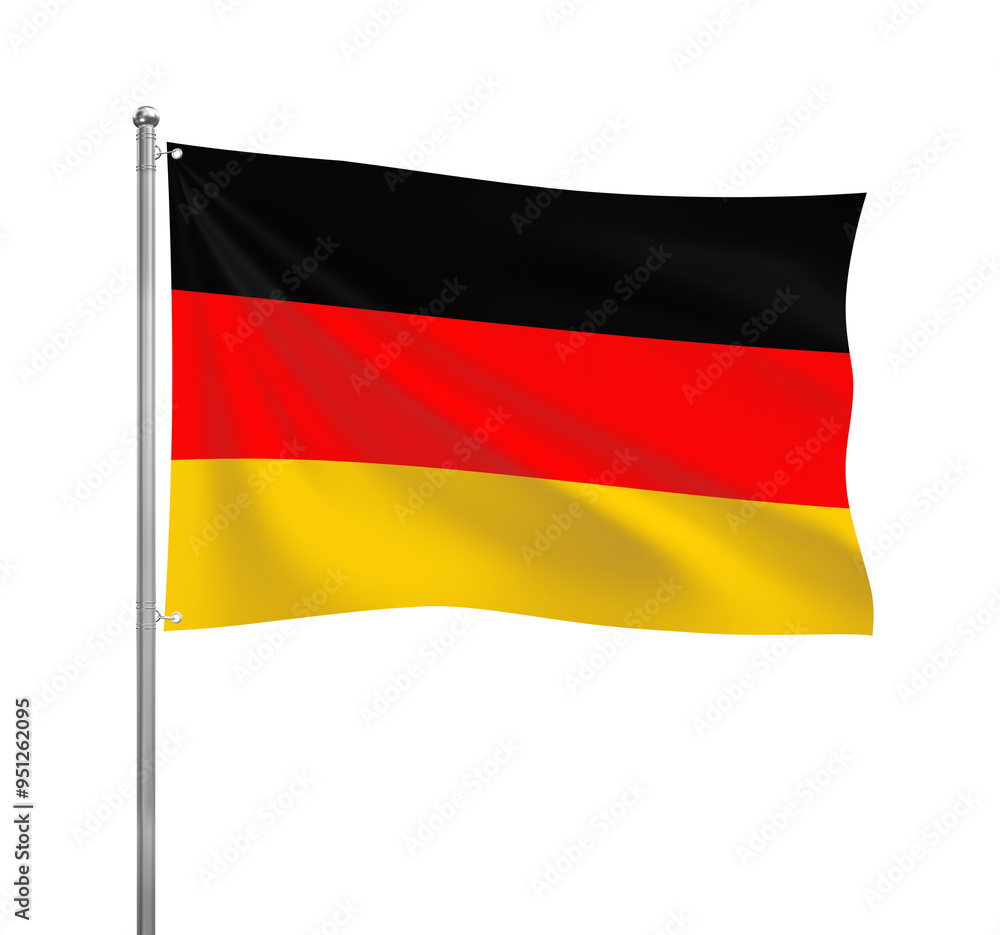 Naklejka premium Germany flag waving in the wind on a silver pole, isolated on transparent background