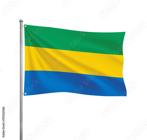 Gabon flag waving in the wind on a silver pole, isolated on transparent background