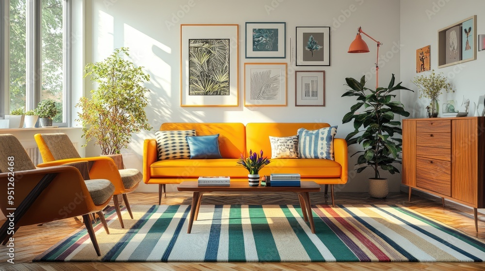 Mid-century Scandinavian living room with vibrant multicolored furniture, creating a lively and stylish interior design. Mid-century Scandinavian living room with vibrant multicolored furniture, creating a lively and stylish interior design.