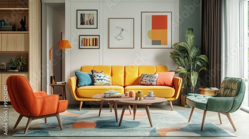 Mid-century Scandinavian living room with vibrant multicolored furniture, creating a lively and stylish interior design.