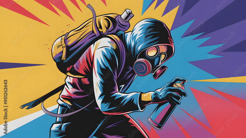 “Vibrant, Energetic Figure with Spray Paint Can in Action Against a Bold, Colorful Backdrop Wearing a Gas Mask” “Vibrant, Energetic Figure with Spray Paint Can in Action Against a Bold, Colorful Backdrop Wearing a Gas Mask”