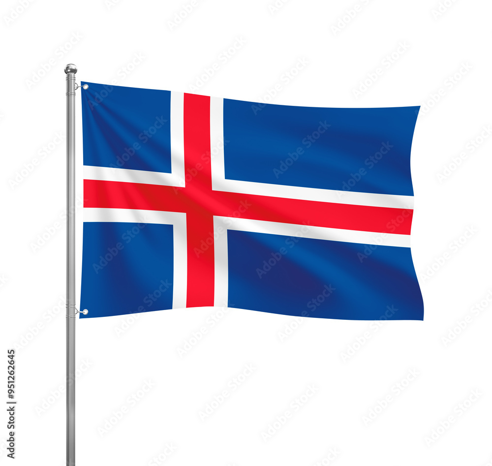 Obraz premium Iceland flag waving in the wind on a silver pole, isolated on transparent background