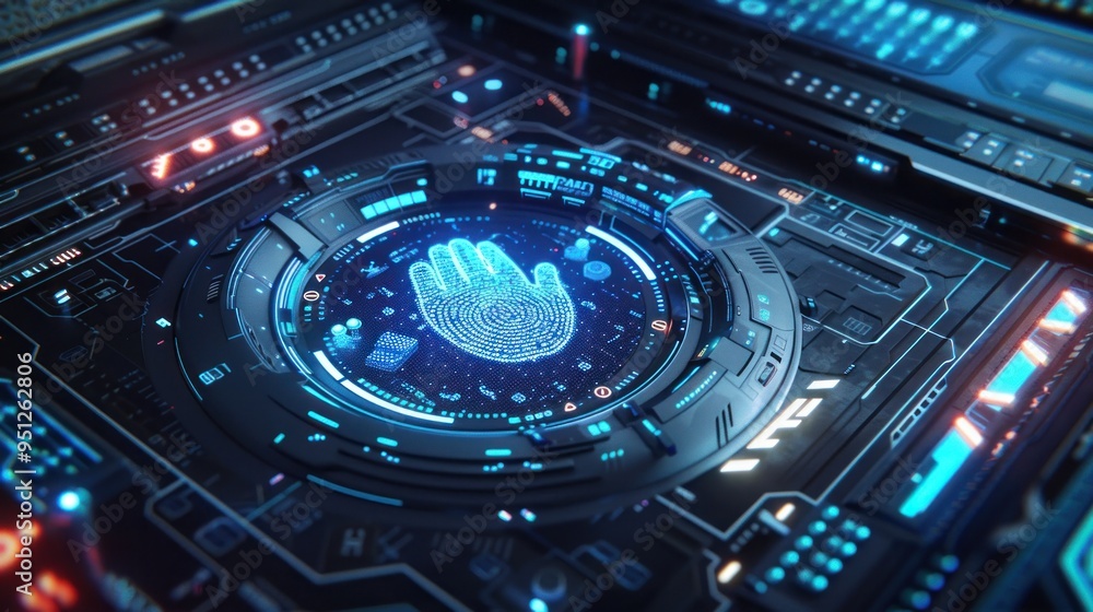 A close-up of a futuristic shield with a large, illuminated fingerprint at its core, set against the backdrop of a high-tech control room. A close-up of a futuristic shield with a large, illuminated fingerprint at its core, set against the backdrop of a high-tech control room.