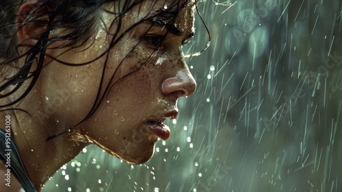 A close-up of a woman running in the rain, her face showing fierce determination as droplets of water fly off her skin.