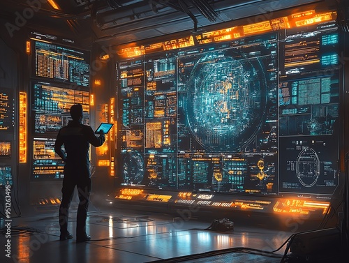 High-tech organizational hub, where AI-driven planning systems orchestrate seamless production, glowing screens and dynamic energy flows, cyber aesthetics