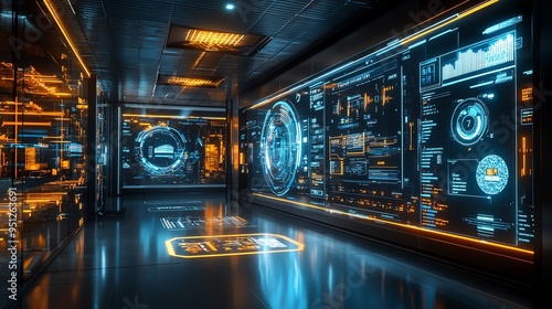 A futuristic corporation's operations hub managing advanced retail logistics, glowing holographic dashboards tracking real-time sales and inventory, sleek and dynamic design