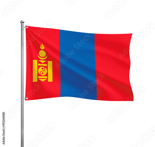 Mongolia flag waving in the wind on a silver pole, isolated on transparent background