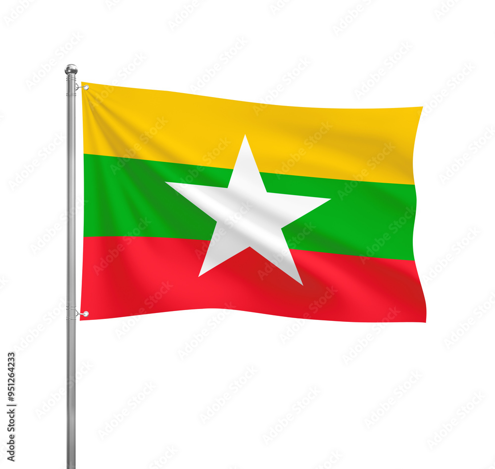 Myanmar flag waving in the wind on a silver pole, isolated on transparent background Myanmar flag waving in the wind on a silver pole, isolated on transparent background