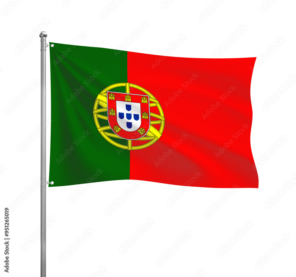 Portugal flag waving in the wind on a silver pole, isolated on transparent background Portugal flag waving in the wind on a silver pole, isolated on transparent background