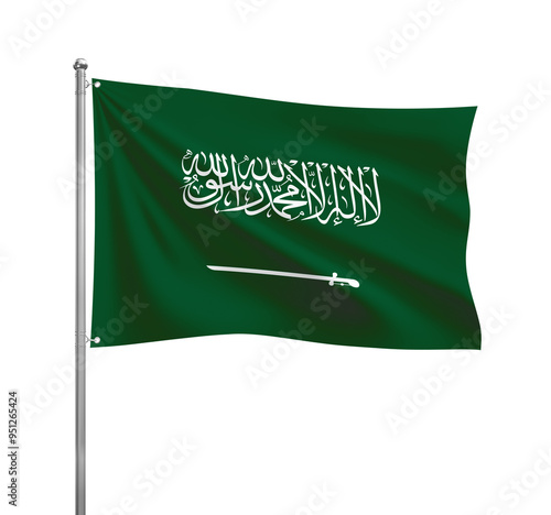 Saudi Arabia flag waving in the wind on a silver pole, isolated on transparent background