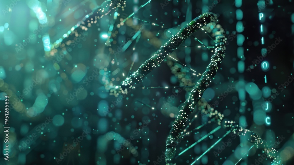 A colorful DNA double helix floats in a dark environment, illuminated by dynamic, vibrant lights that highlight its structure and complexity, suggesting a focus on genetic research. A colorful DNA double helix floats in a dark environment, illuminated by dynamic, vibrant lights that highlight its structure and complexity, suggesting a focus on genetic research.