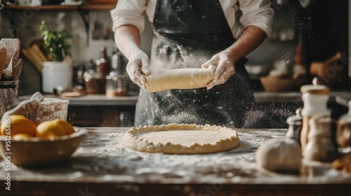 Artisan Baker Kneading Dough for Homemade Pastry in Rustic Kitchen