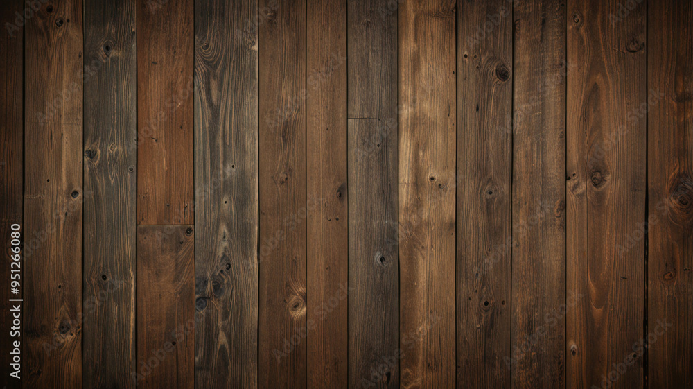 Naklejka premium Fond de planche de bois marron foncé, papier peint. Vieux fond en bois texturé foncé grunge, la surface de la vieille texture de bois brun, vue de dessus lambris en bois de pin brun. 