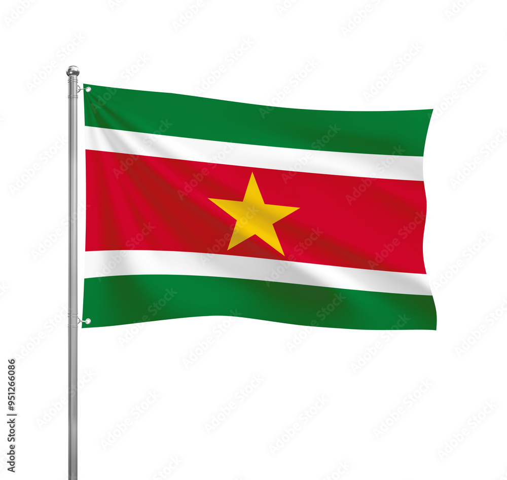 Suriname flag waving in the wind on a silver pole, isolated on transparent background Suriname flag waving in the wind on a silver pole, isolated on transparent background