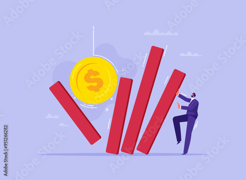 Risk and crisis management concept, businessman stopping falling dominos effect
