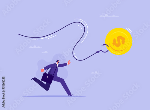 Motivation or incentives motivate employees concept, pursuit of reward or success, money bait and money trap, businessman running to catch money coin on fishhook