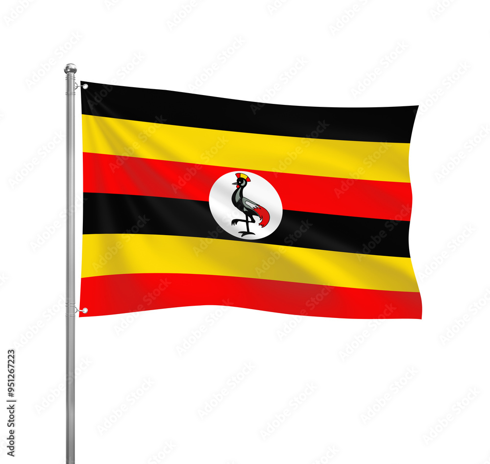 Uganda flag waving in the wind on a silver pole, isolated on transparent background Uganda flag waving in the wind on a silver pole, isolated on transparent background