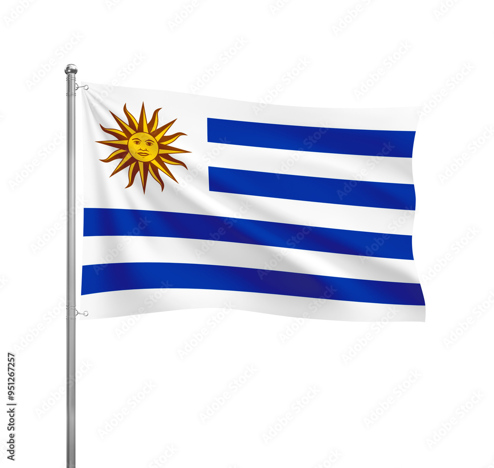 Obraz premium Uruguay flag waving in the wind on a silver pole, isolated on transparent background