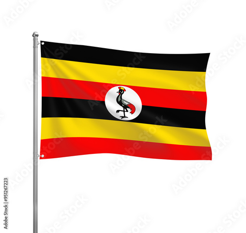 Free Download Uganda flag waving in the wind on a silver pole, isolated on transparent background - GFXLoad
