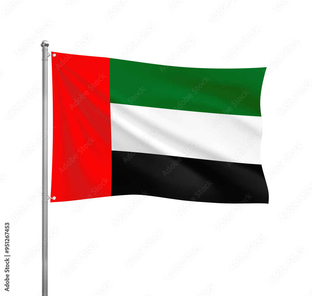 United Arab Emirates National flag waving in the wind on a silver pole, isolated on transparent background United Arab Emirates National flag waving in the wind on a silver pole, isolated on transparent background