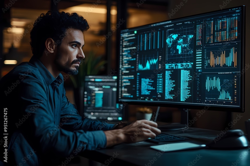 An IT professional working on an advanced computer with data visualizations and code panels in the background An IT professional working on an advanced computer with data visualizations and code panels in the background