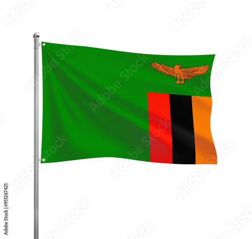 Zambia flag waving in the wind on a silver pole, isolated on transparent background