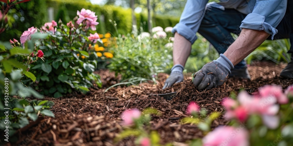 Individual applying shredded wood mulch in a summer garden around flowering plants for moisture retention and weed control.