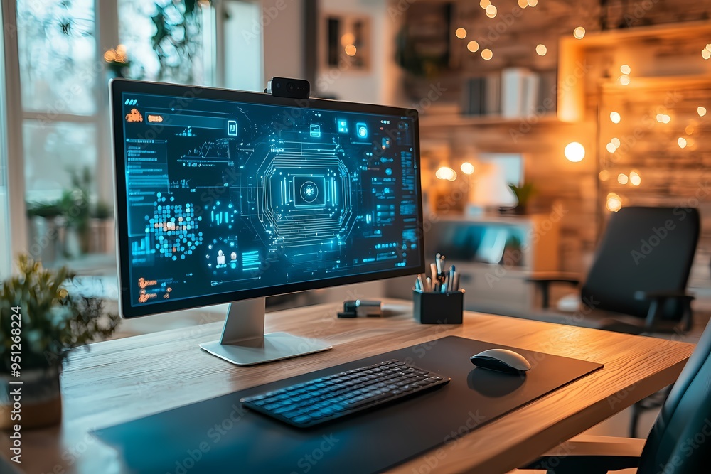 High-tech computer monitor with a futuristic interface on a modern home office desk High-tech computer monitor with a futuristic interface on a modern home office desk