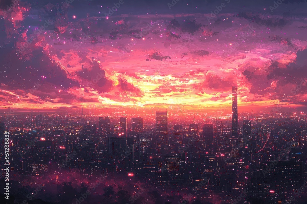Fototapeta premium Cityscape at Dusk with Pink Sky and Stars