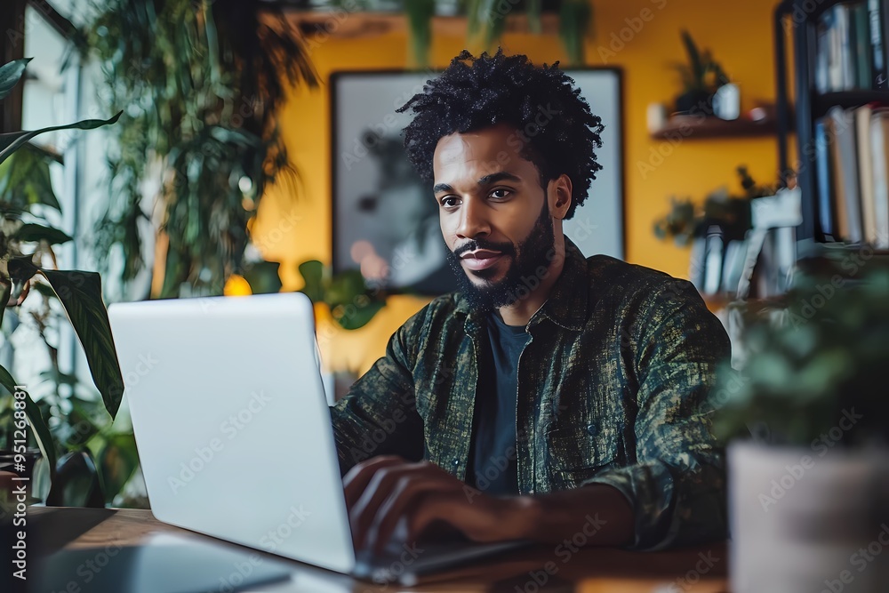 A Black man working on a laptop in a modern office, wearing casual attire and surrounded by green plants. Ai generated A Black man working on a laptop in a modern office, wearing casual attire and surrounded by green plants. Ai generated
