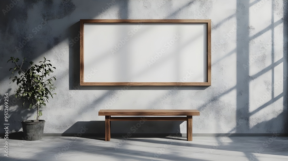 Minimalist Interior Design with Wooden Bench and Blank Canvas. Minimalist Interior Design with Wooden Bench and Blank Canvas.