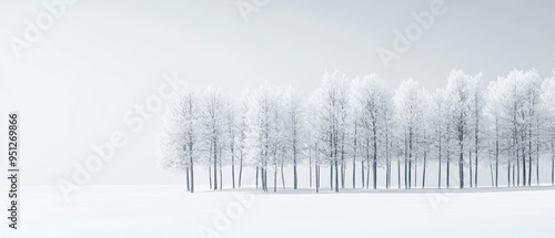 Crisp winter scene with snow-covered trees arranged in a minimalist composition, highlighting the purity and stillness of the season, perfect for a calming visual aesthetic photo