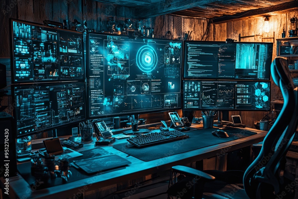 A Hacker's Workstation with Multiple Monitors Displaying Data and Code A Hacker's Workstation with Multiple Monitors Displaying Data and Code