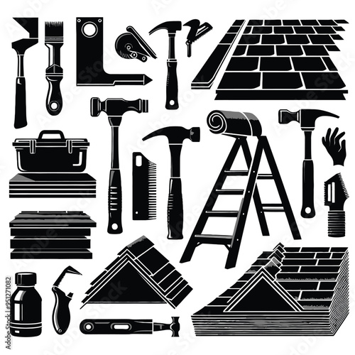 Design a silhouette set featuring roofing tools and materials, such as shingles, a roofing hammer, and a ladder