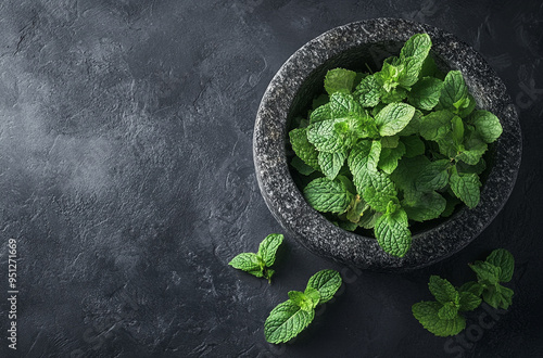 mint leaves in an antique stone mortar on a dark gray background photo