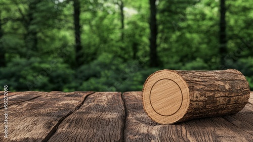 A rustic wooden log placed on a weathered table against a serene green forest backdrop, perfect for nature-themed projects. photo